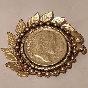 Vintage Napoleon Emperor Faux Coin Leaves French Brushed Gold Tone Brooch Pin